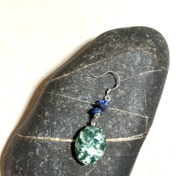 2/$20, Genuine Green Tree Agate & Lapis Lazuli Gemstone Sterling Silver Earrings - Picture 6 of 11